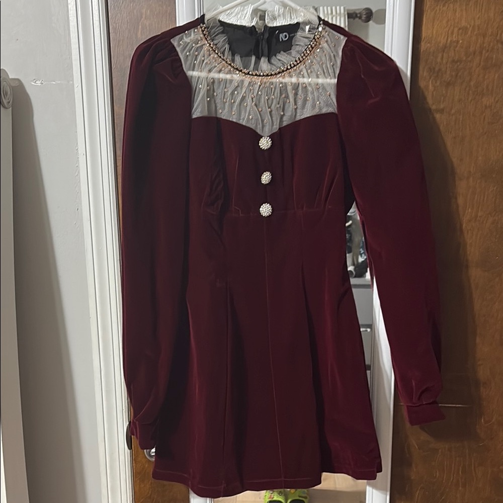 Elegant Burgundy Dress with Embellished Neckline
